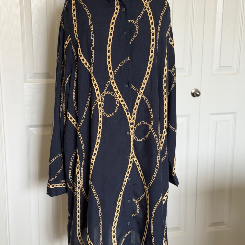Navy Chain-Print Button-Front Women's Dress